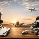 Pilot training setup with captain’s hat, checklist, headset, model airplane, and runway with planes taking off and landing at sunset
