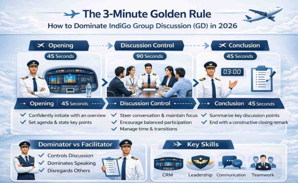 IndiGo GD 3 minute golden rule strategy for airline pilot group discussion 2026