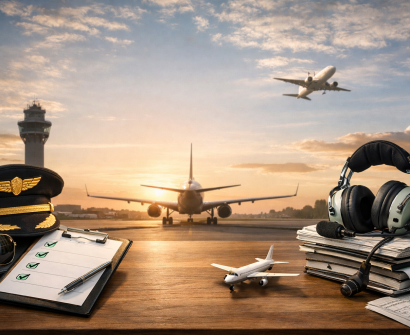 Pilot training setup with captain’s hat, checklist, headset, model airplane, and runway with planes taking off and landing at sunset
